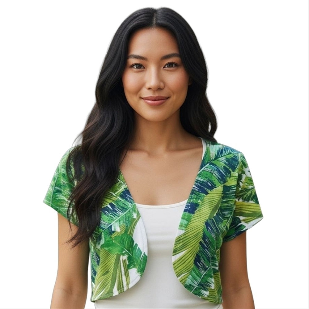 Caché Green Leaf Print Y2K Cardigan